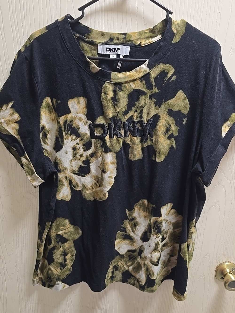 DKNY Black Tee with Olive-Green and Cream Floral Design
